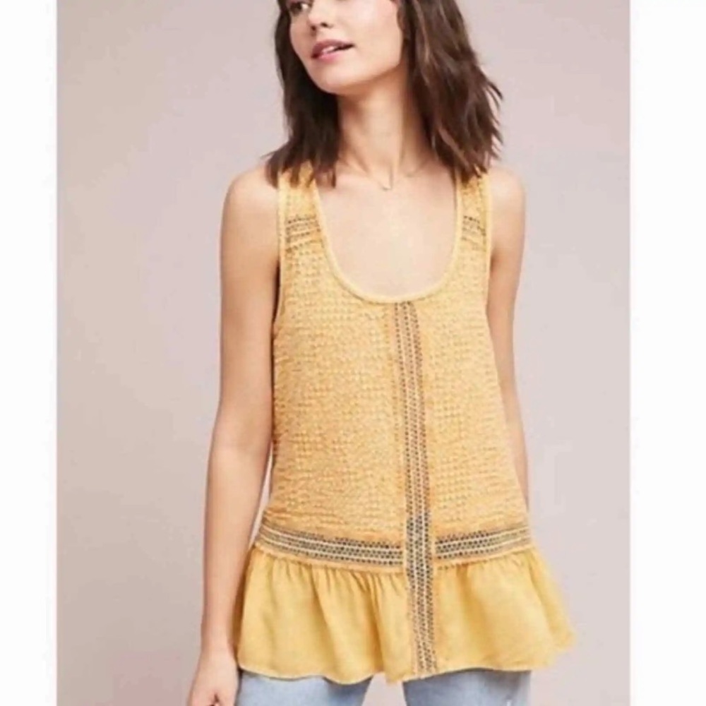 Anthropologie Eri + Ali Ruffle Hem Crochet yellow Size L Sleeveless Top NWT